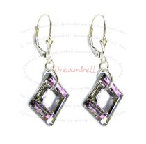2x Sterling Silver Square Vitrial Light Crystals Leverback 1.5" Dangle Earrings Using Swarovski Elements Crystal