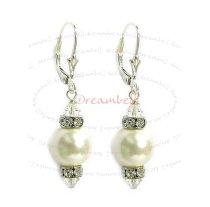 2x Sterling Silver 10mm White Crystal Pearl and Crystal Leverback 1.5″ Long Drop Earrings Using Swarovski Elements Crystal Pearl and and Crystal