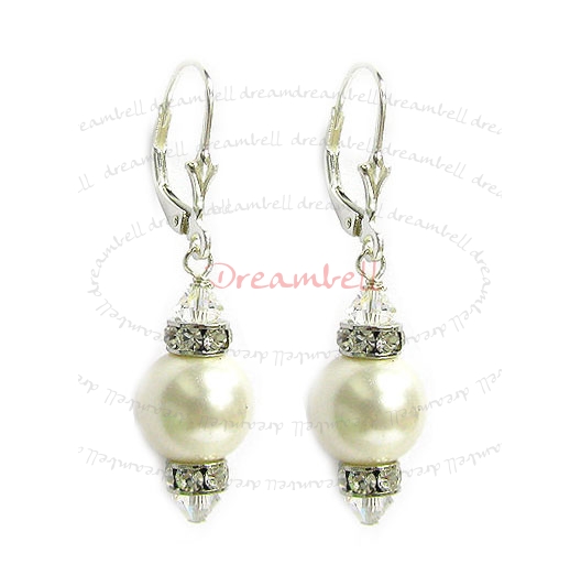 2x Sterling Silver 10mm White Crystal Pearl and Crystal Leverback 1.5" Long Drop Earrings Using Swarovski Elements Crystal Pearl and and Crystal