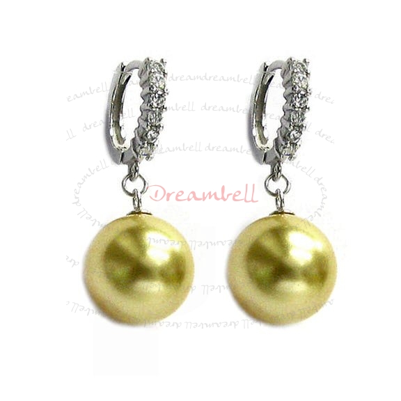 2x Sterling Silver 12mm Round Gold Crystal Pearl CZ Hoop Dangle Earring Using Swarovski Elements Crystal Pearl