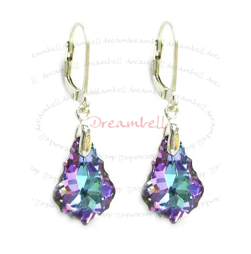 2x Sterling Silver Baroque Vitrial Light Purple Crystals Leverback Dangle Earrings Using Swarovski Elements