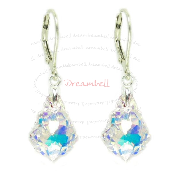 2x Sterling Silver Baroque Clear AB Crystals Leverback Dangle Earrings Using Swarovski Elements