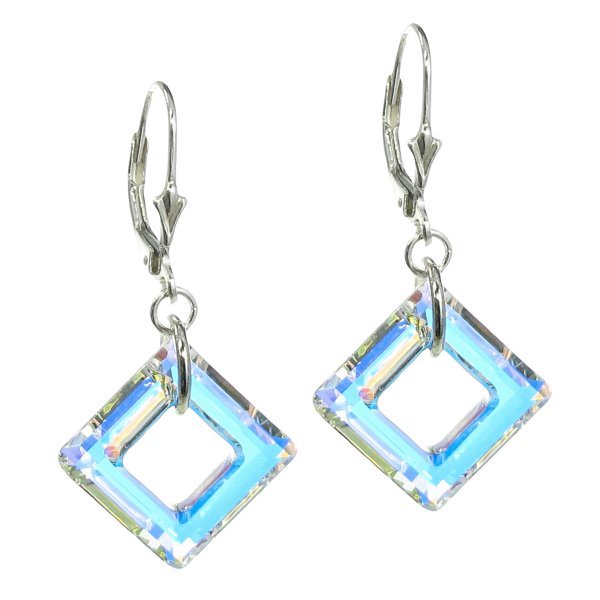 2x Sterling Silver Square Clear AB Crystals Leverback 1.5" Dangle Using Swarovski Elements Crystal Earrings