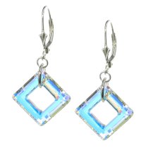 2x Sterling Silver Square Clear AB Crystals Leverback 1.5" Dangle Using Swarovski Elements Crystal Earrings