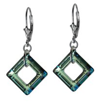 2x Sterling Silver Square Bermuda Blue Crystals Leverback 1.5″ Dangle Earrings Using Swarovski Elements Crystal
