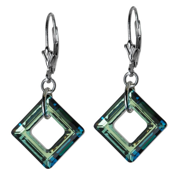 2x Sterling Silver Square Bermuda Blue Crystals Leverback 1.5" Dangle Earrings Using Swarovski Elements Crystal