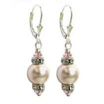 2x Sterling Silver 10mm Rosaline Pink Crystal Pearl and Crystal Leverback 1.5″ Long Drop Earrings Using Swarovski Elements Crystal Pearl and Crystal