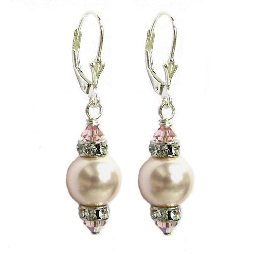 2x Sterling Silver 10mm Rosaline Pink Crystal Pearl and Crystal Leverback 1.5" Long Drop Earrings Using Swarovski Elements Crystal Pearl and Crystal